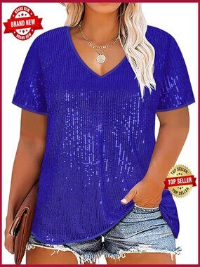Plus Size Sequin Top Short Sleeve V Neck Party Blouse Sparkly Glitter Tee